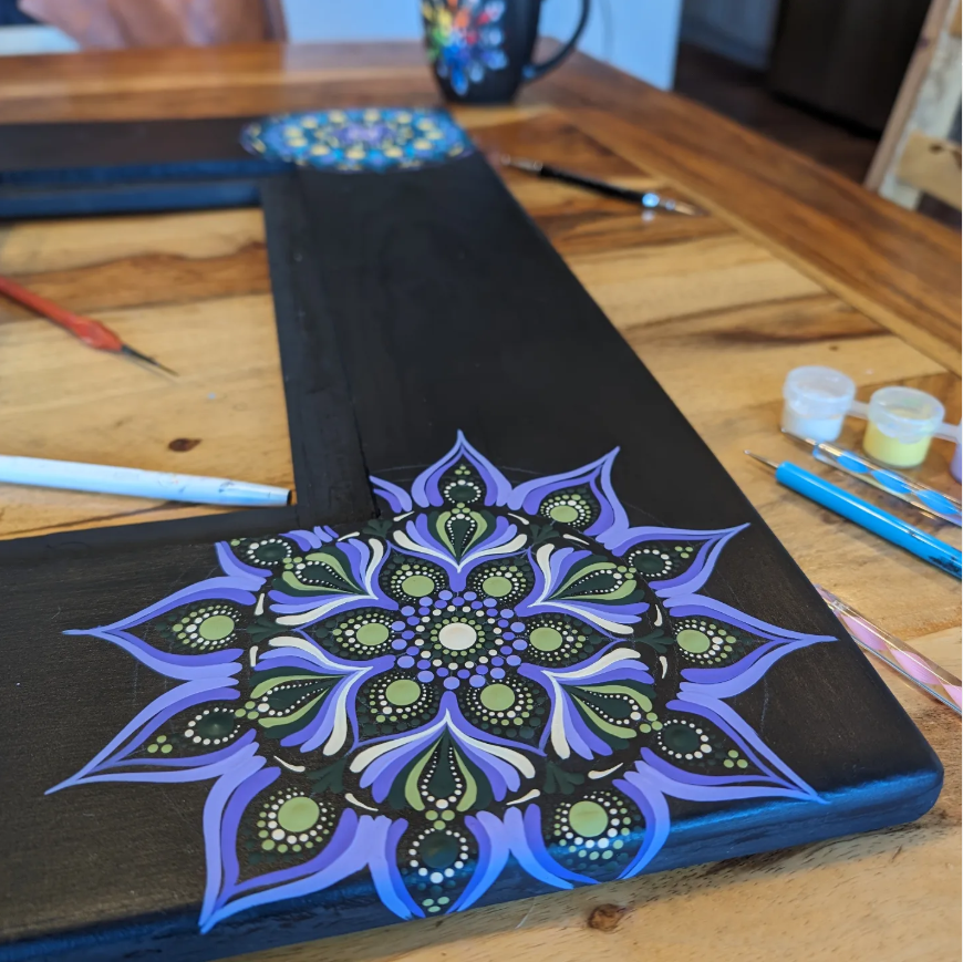 Mandala standing mirror being made with hand-drawn detail in progress