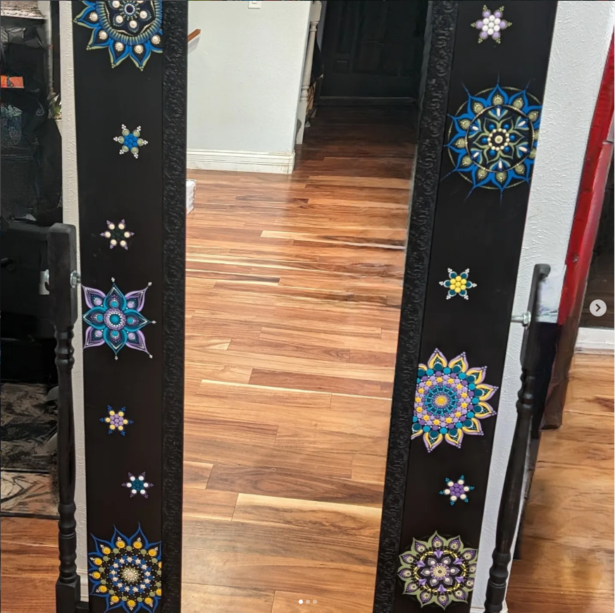 Finished custom mandala standing mirror handmade by 5280 Sawdust and Ink
