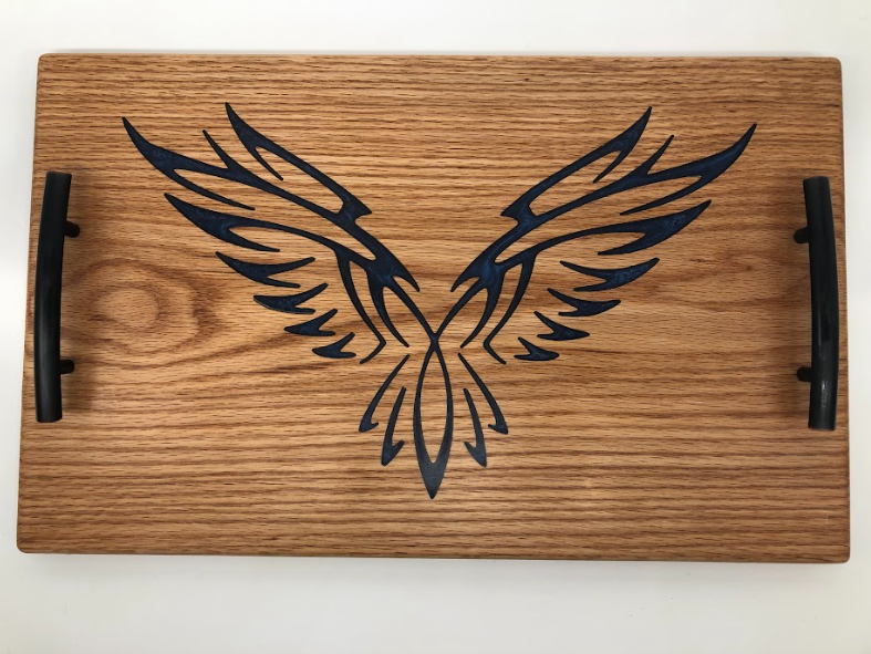 Handmade wings charcuterie board with handles by 5280 Sawdust and Ink