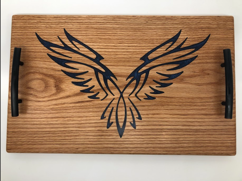 Handmade charcuterie board with handles and wings design